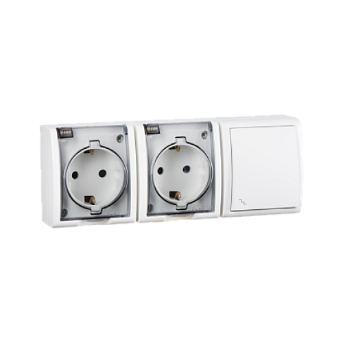 Simon 15 Aqua Белый Блок: Розетка 2-ая, 2P+E Schuko 16А 250В + выключатель проходной 10А 250В, IP54