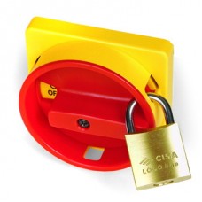DKC Желтая площадка 67х67 - красная ручка с д.22мм с замком для серии АМ